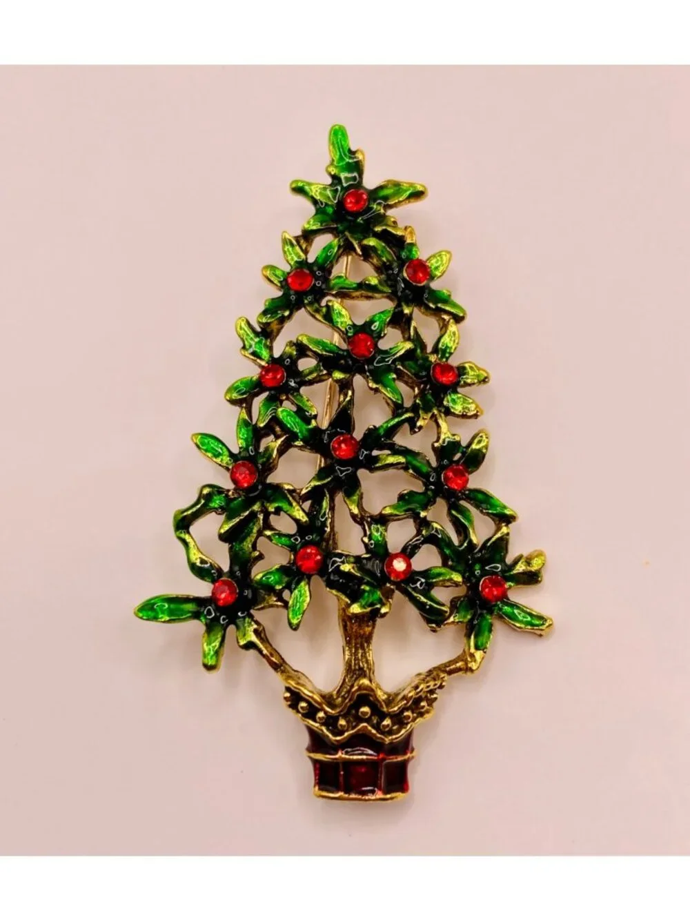 Christmas Holiday Tree Pin Brooch Green Enamel & Red Rhinestones -52B